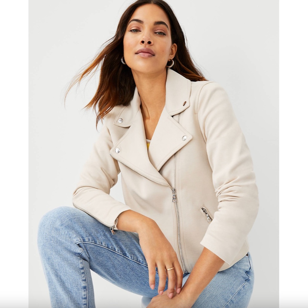 Ann Taylor Double Knit Moto Jacket Beige Size 8